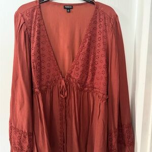 Torrid Rust Orange Boho Embroidered Blouse